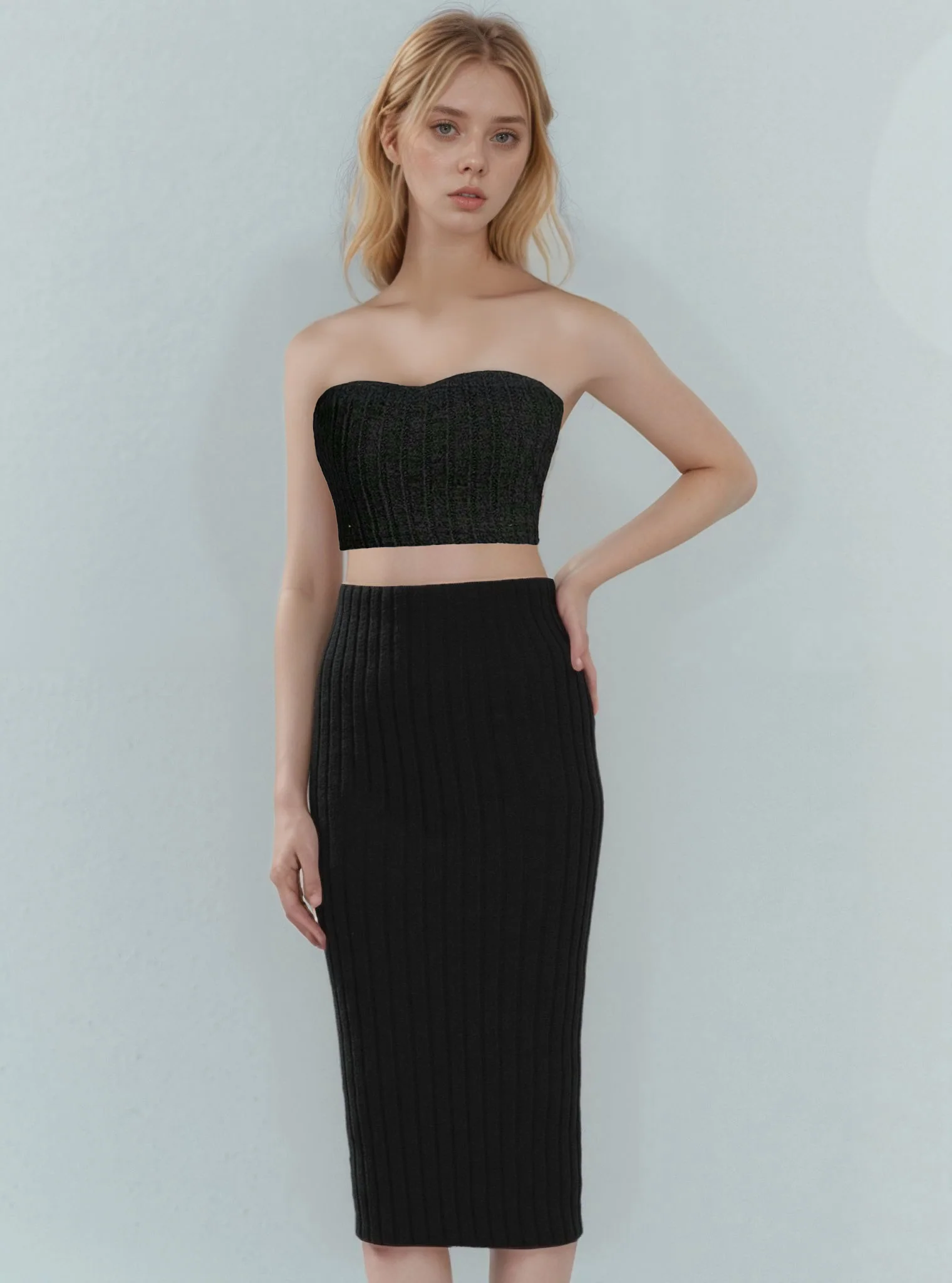 Black Off Shoulder Top And Fitted Midi Skirt