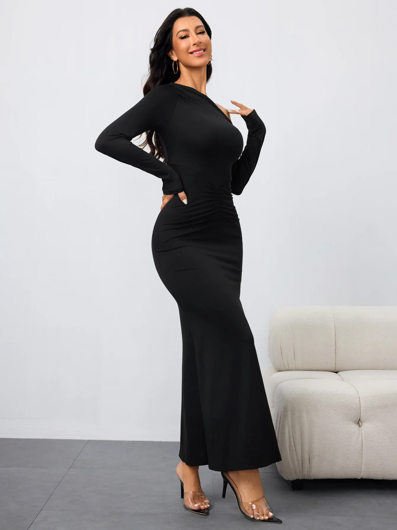 Black One Off Shoulder Full Sleeve Front Ruched Dress - Image 2