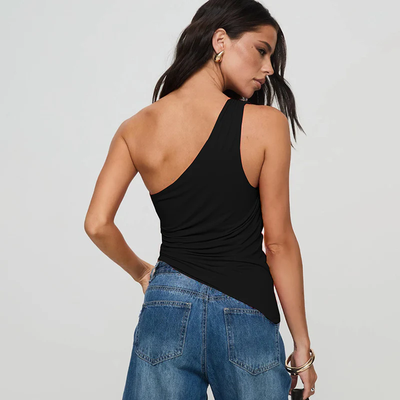 Black One Shoulder Asymmetric Buckle Top - Image 2