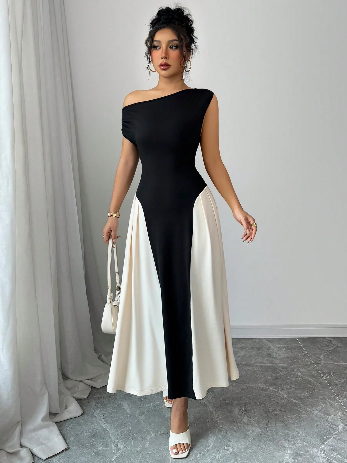 Black One Shoulder Colour Block Dress