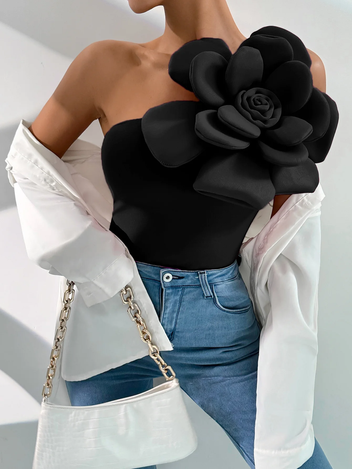 Black One Shoulder Flower Attached Top - Image 5