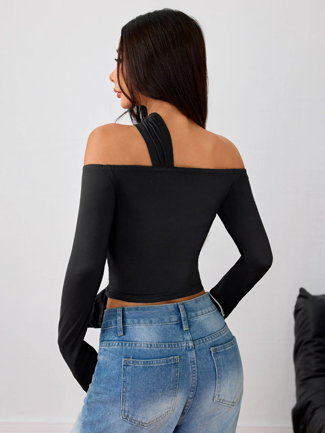 Black One Shoulder Full Sleeve Tie-Up Top - Image 2