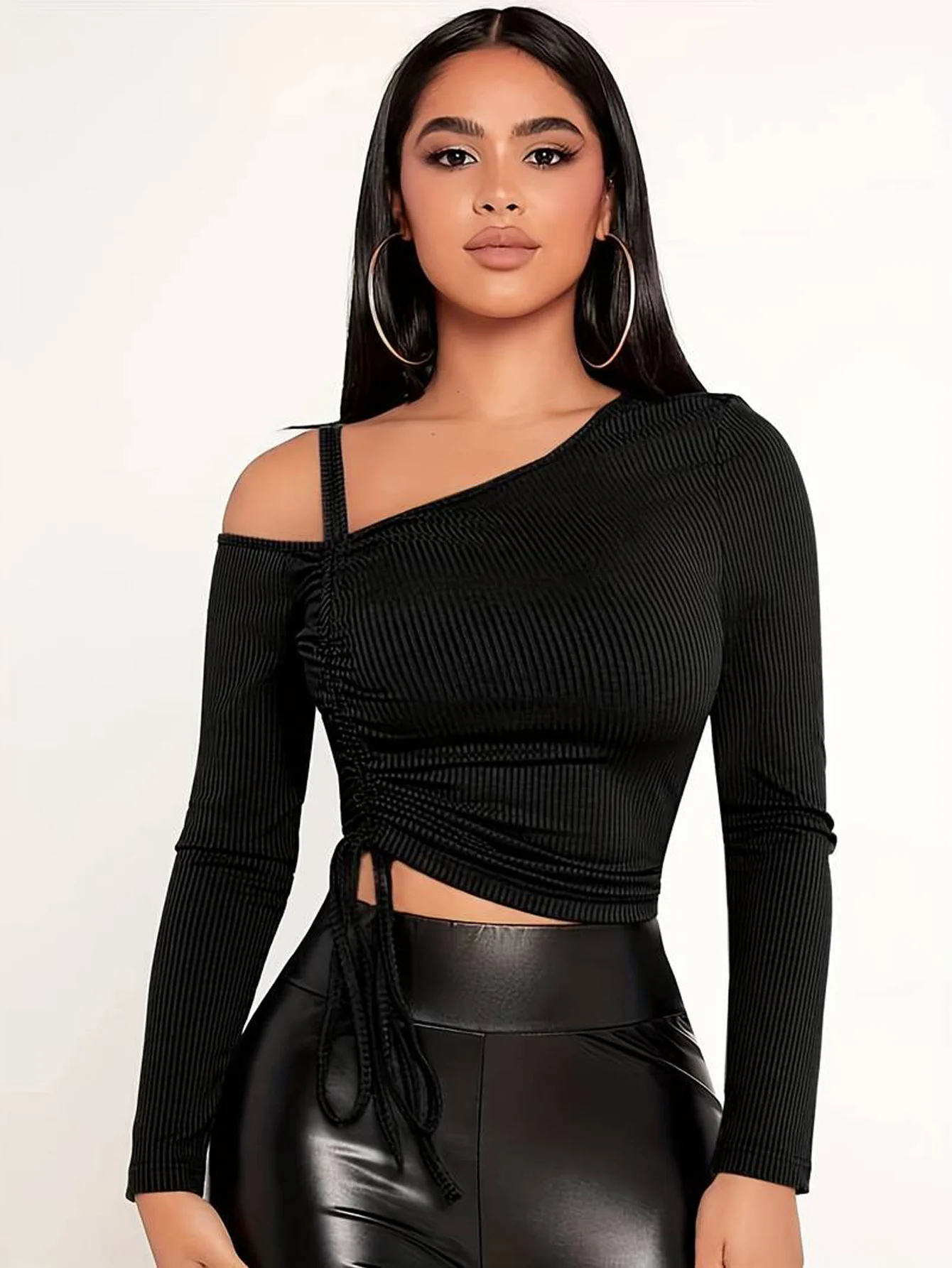 Black One Shoulder Ruched Top - Image 5