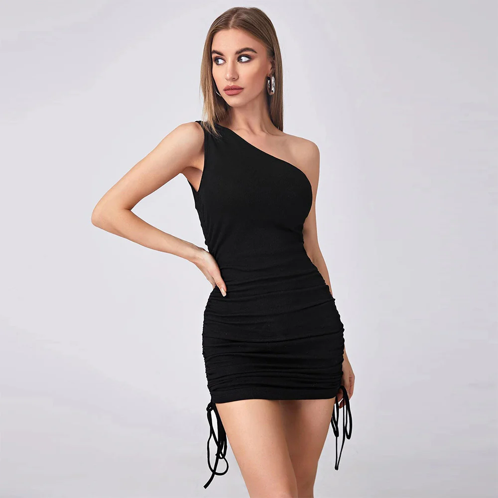 Black One Shoulder Side Ruched Dress - Image 3