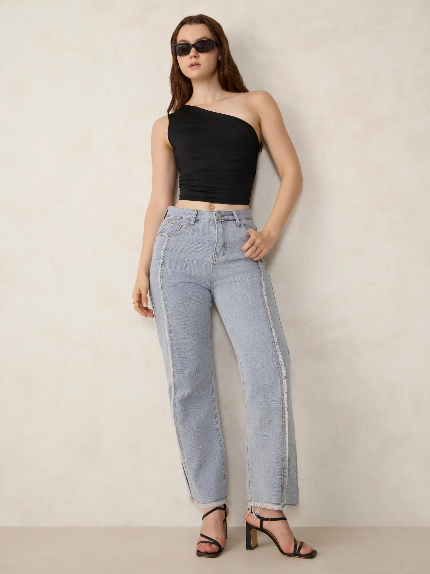 Black One Shoulder Side Ruched Tank - Image 6