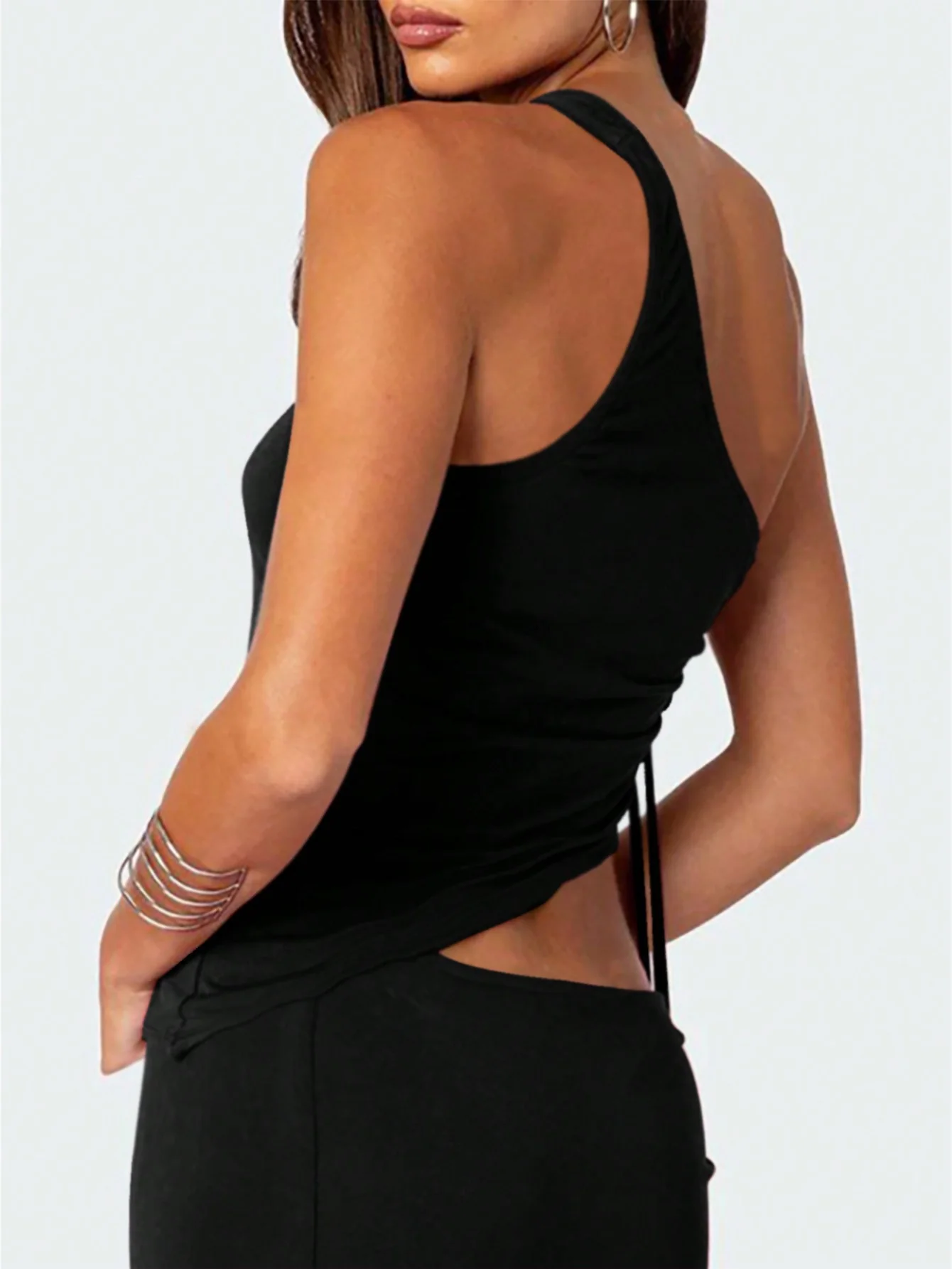 Black One Shoulder Side Ruched Top - Image 2