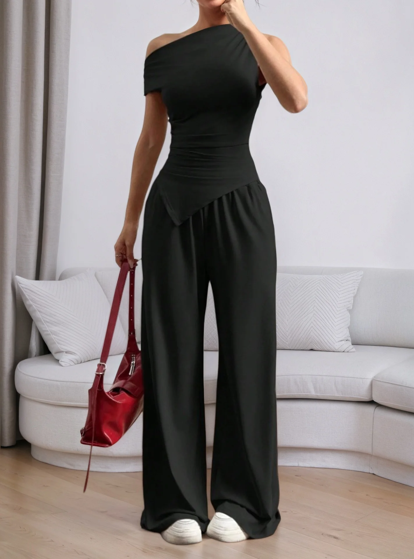 Black One Shoulder Sleeve Asymmetrical Top And Pant Set - Image 3