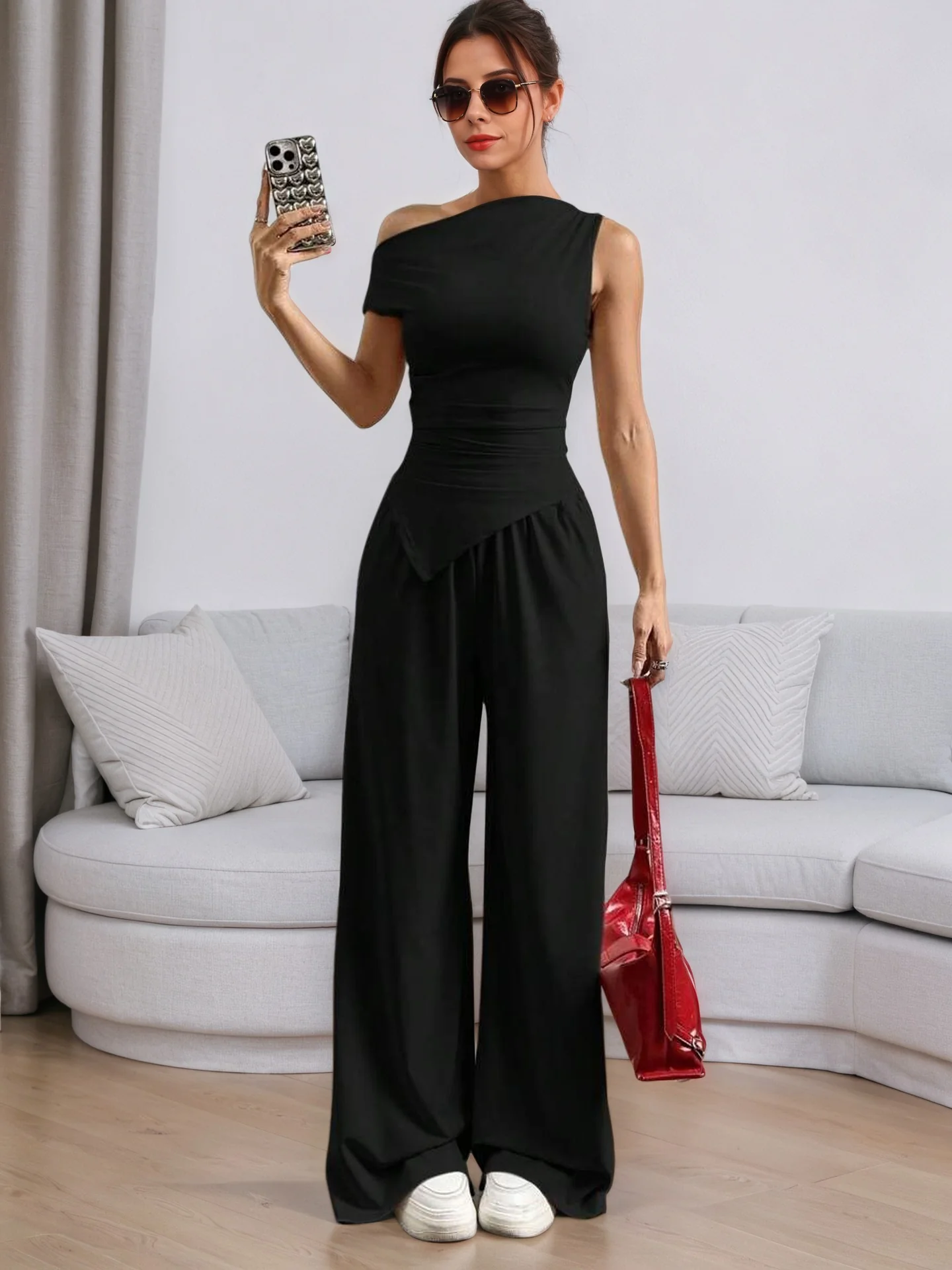 Black One Shoulder Sleeve Asymmetrical Top And Pant Set - Image 4