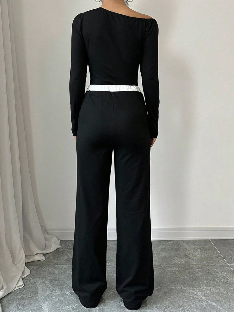 Black One Shoulder Top And Pants Co-Ord Set - Image 2