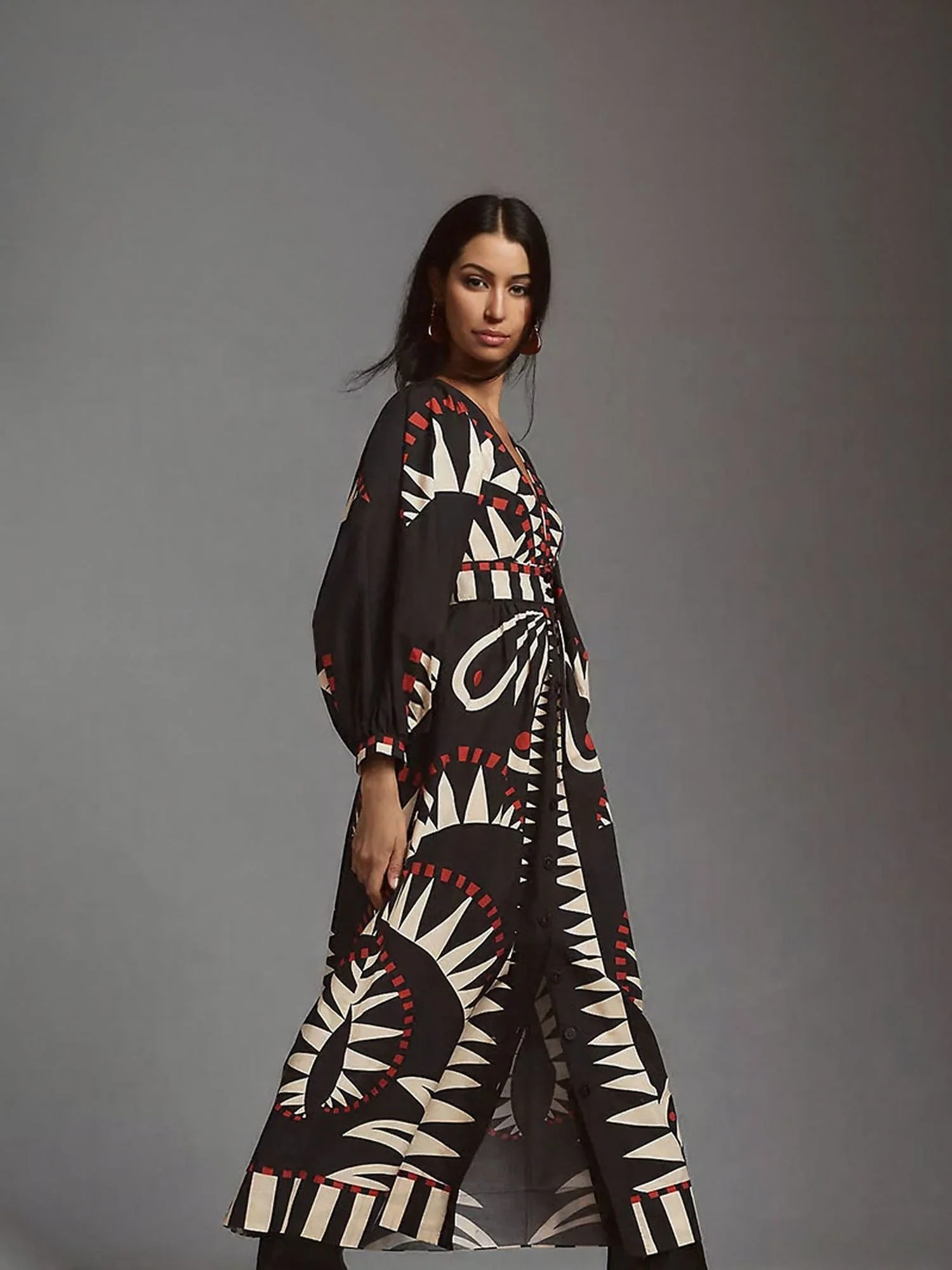 Black Placement Tribal Print Shirt Maxi Dress - Image 2