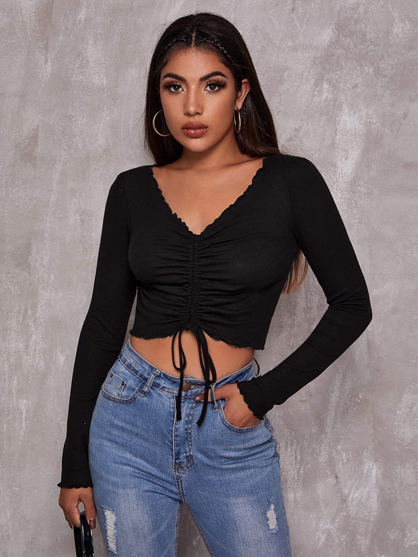 Black Plunge Neck Centre Ruched Top - Image 3