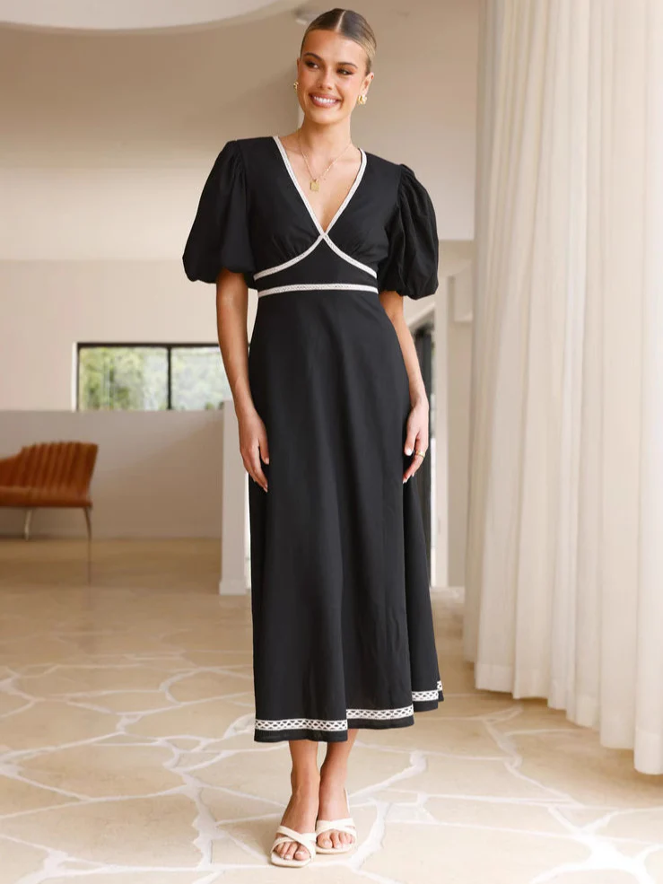 Black Plunge Neck Contrast Binding Dress - Image 3