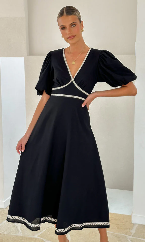 Black Plunge Neck Contrast Binding Dress - Image 5
