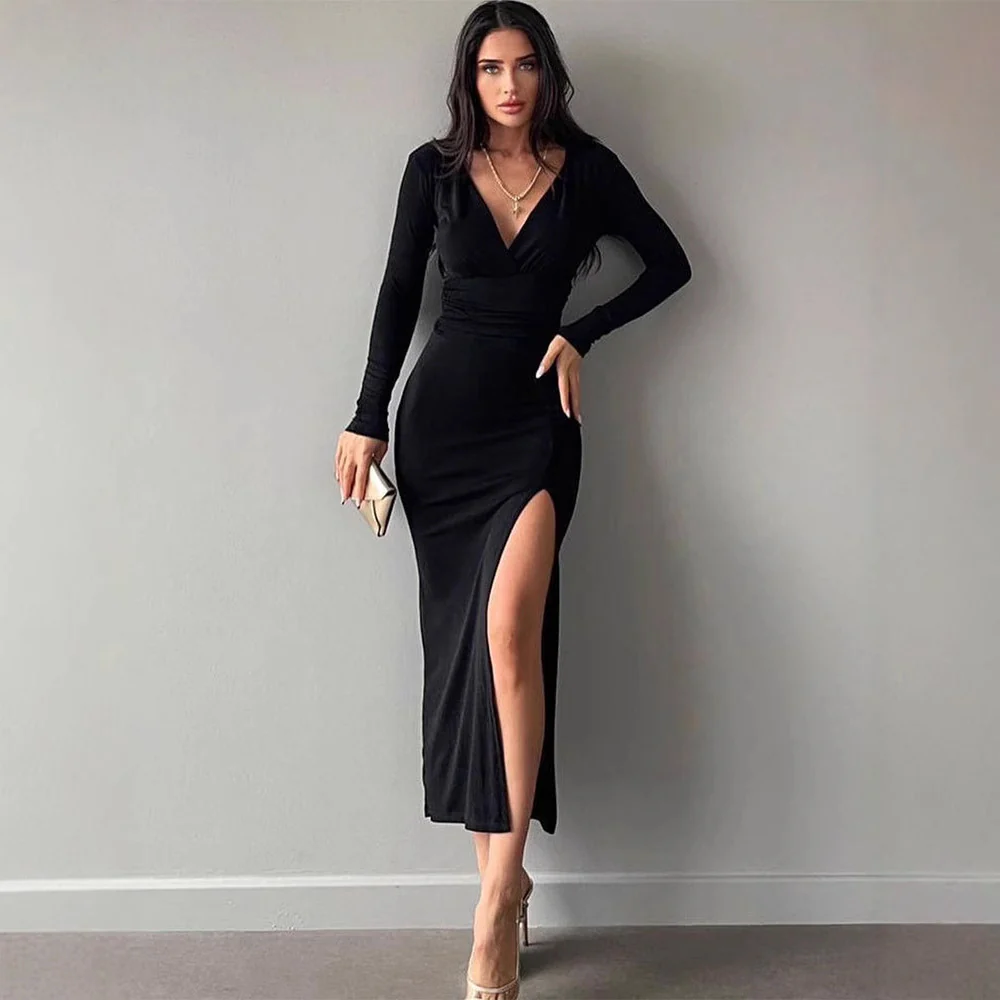 Black Plunge Neck Side Slit Dress