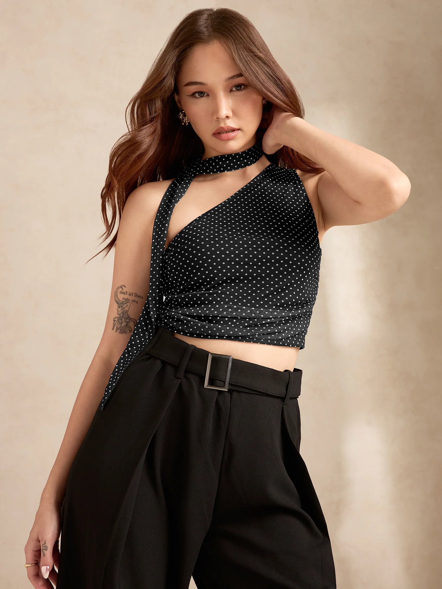 Black Polka Dot One Shoulder Top - Image 2