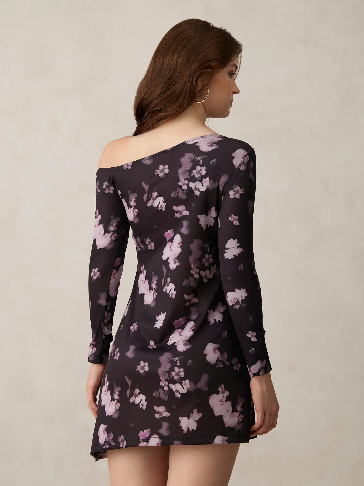 Black Printed Asymmetric Mini Off Shoulder Aline Dress - Image 2