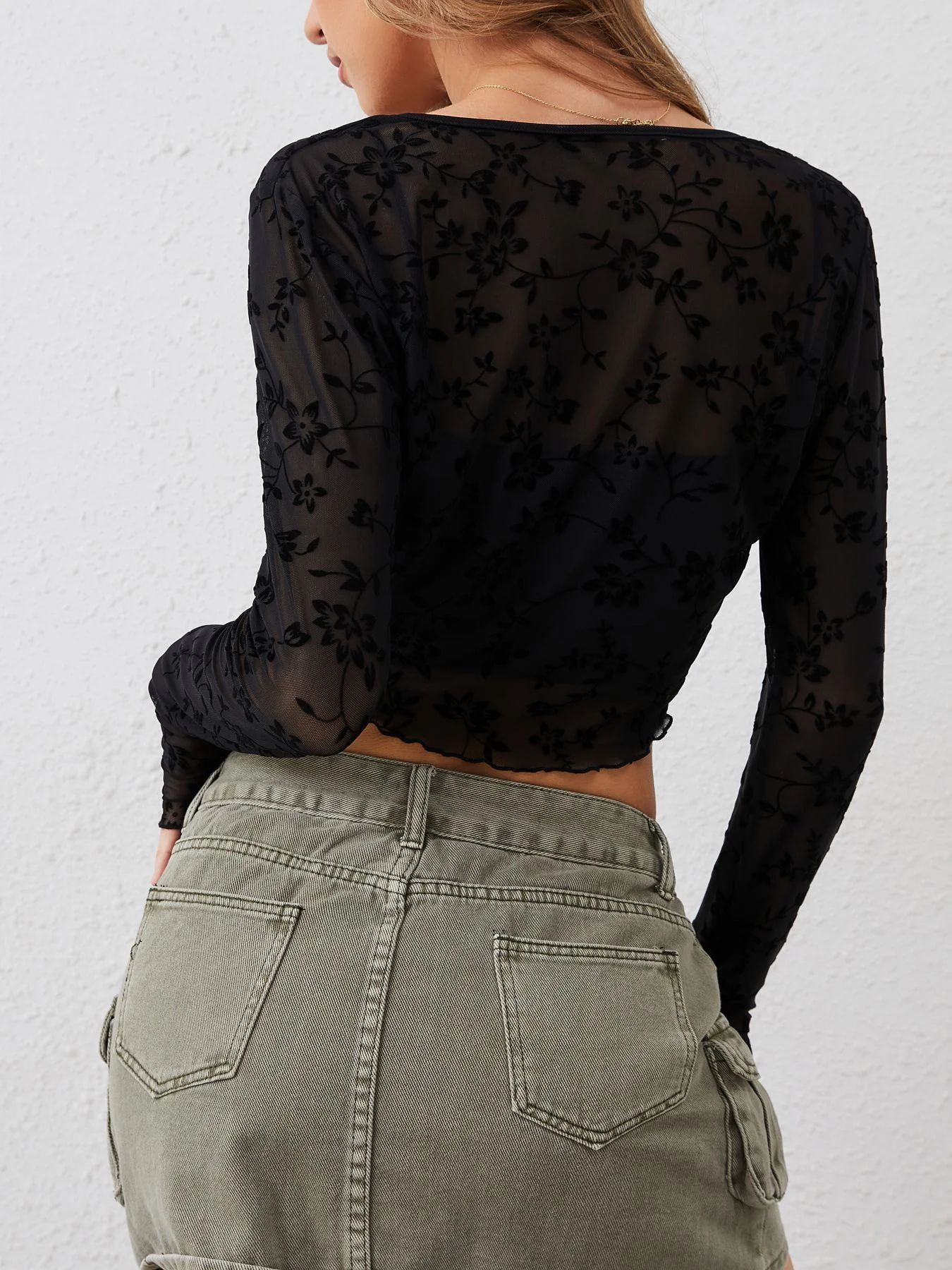 Black Printed Full Sleeve Tie-Up Top - Image 2