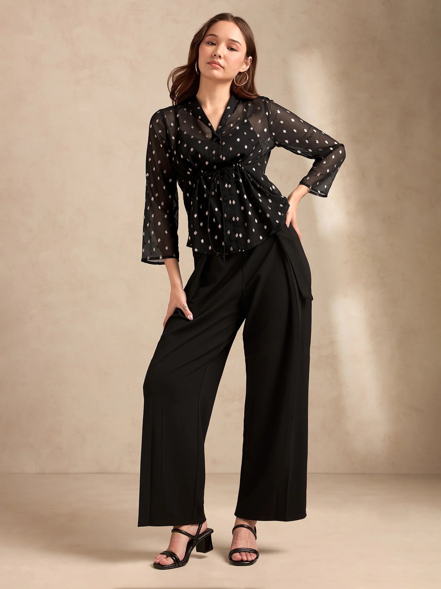 Black Printed Lapel Collar Blouse With Drastring Waist Detail - Image 4