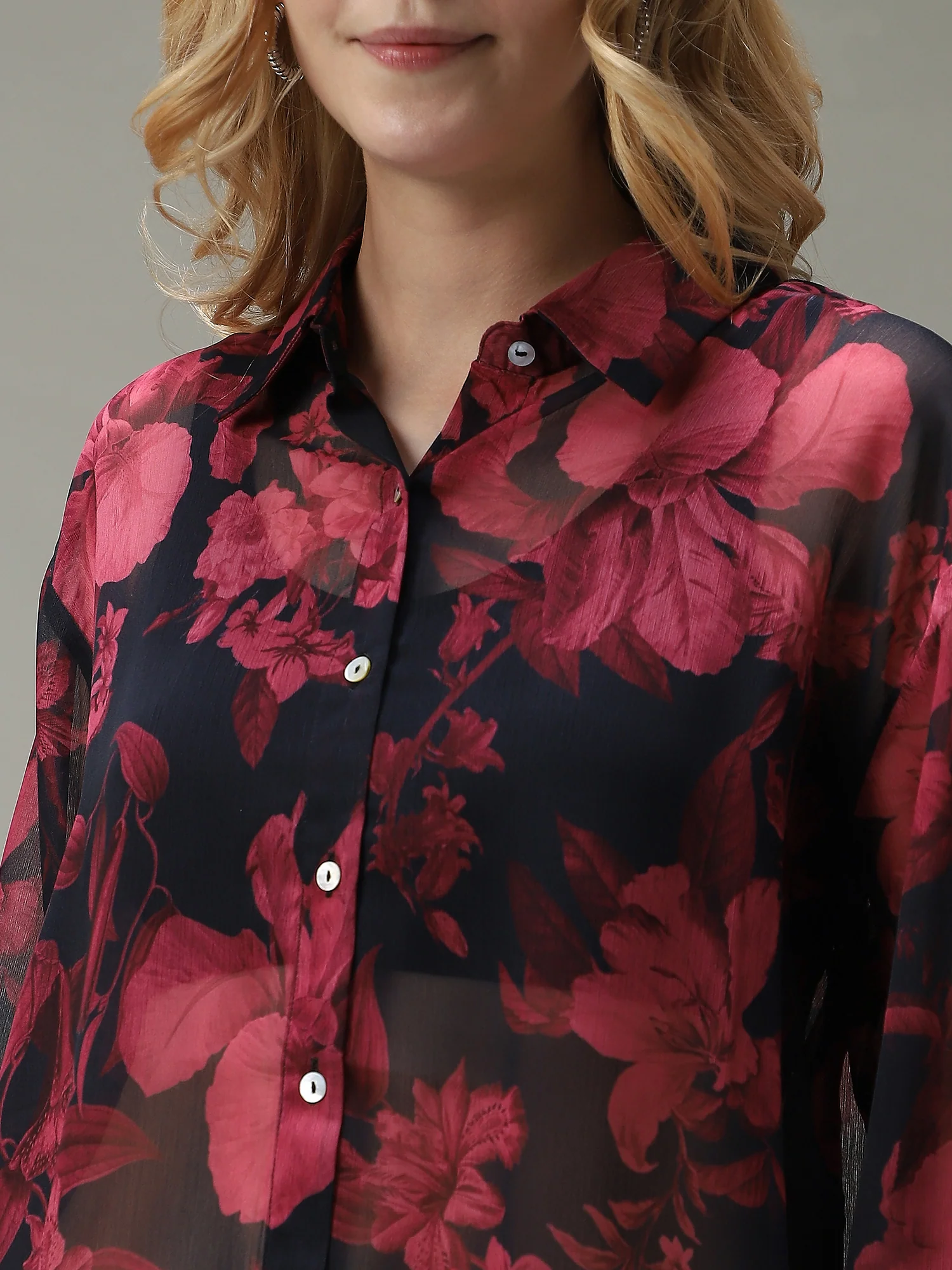 Black Floral Printed Longline Shirt - Image 5