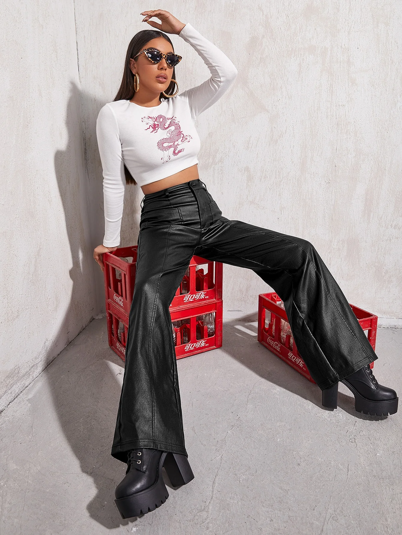 Black Pu Wide Leg Jeans With Seams Detailing - Image 4