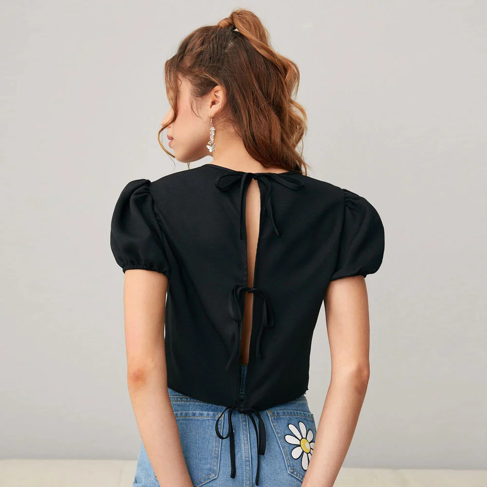 Black Puff Sleeve Back Tie-Up Detail Top - Image 2