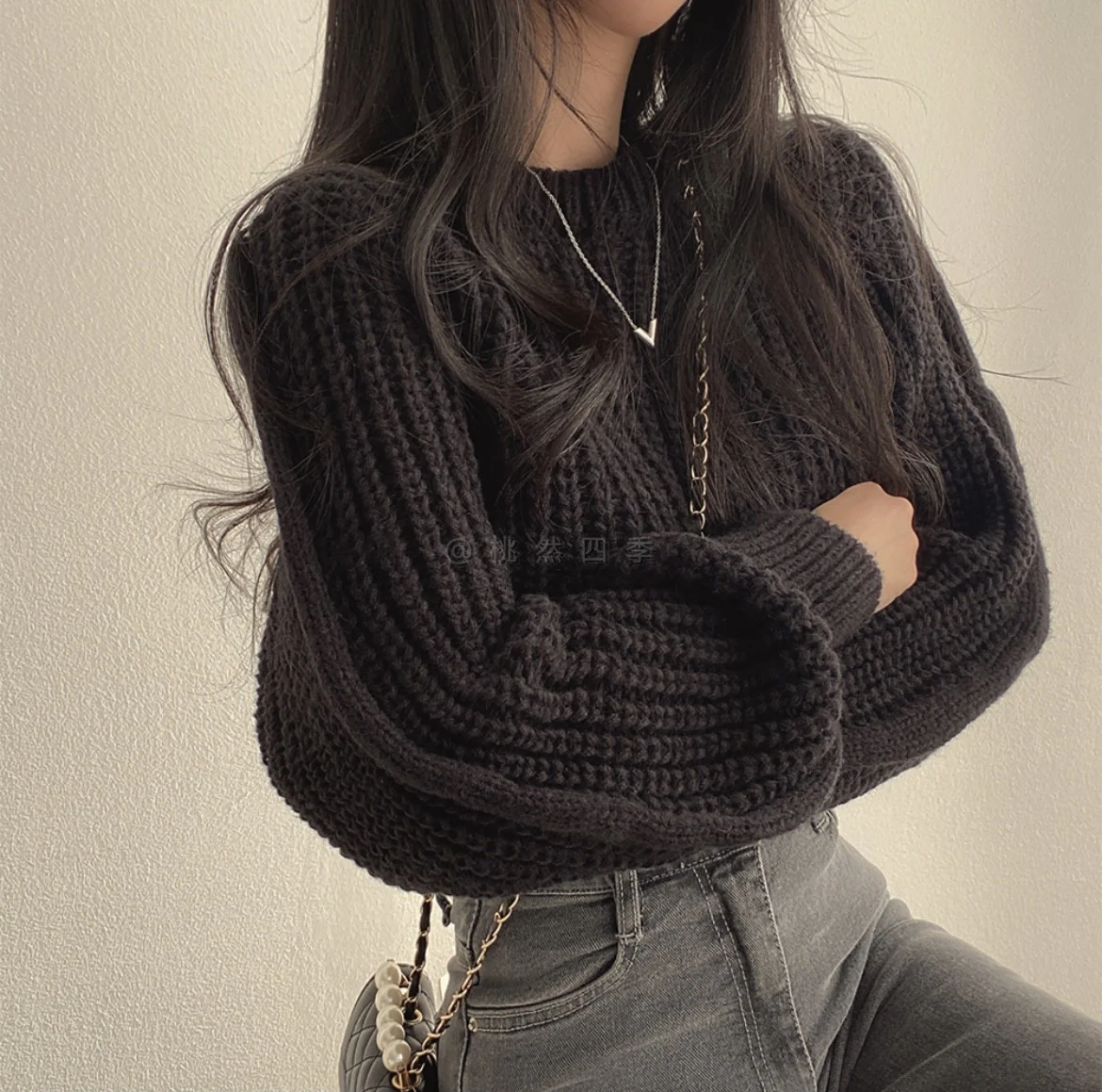 Black Puff Sleeve High Neck Plain Chunky Sweater - Image 2
