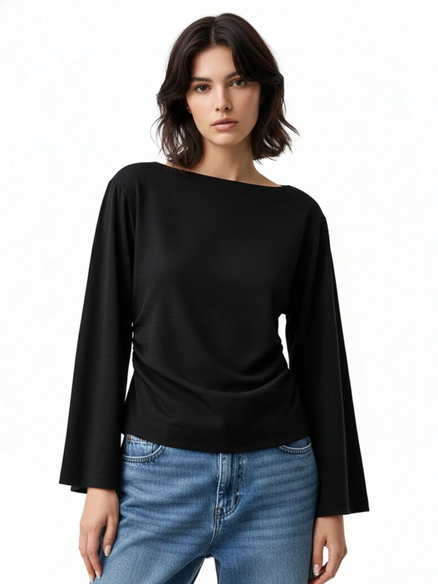 Black Relaxed Flared Sleeve Blouson - Image 2