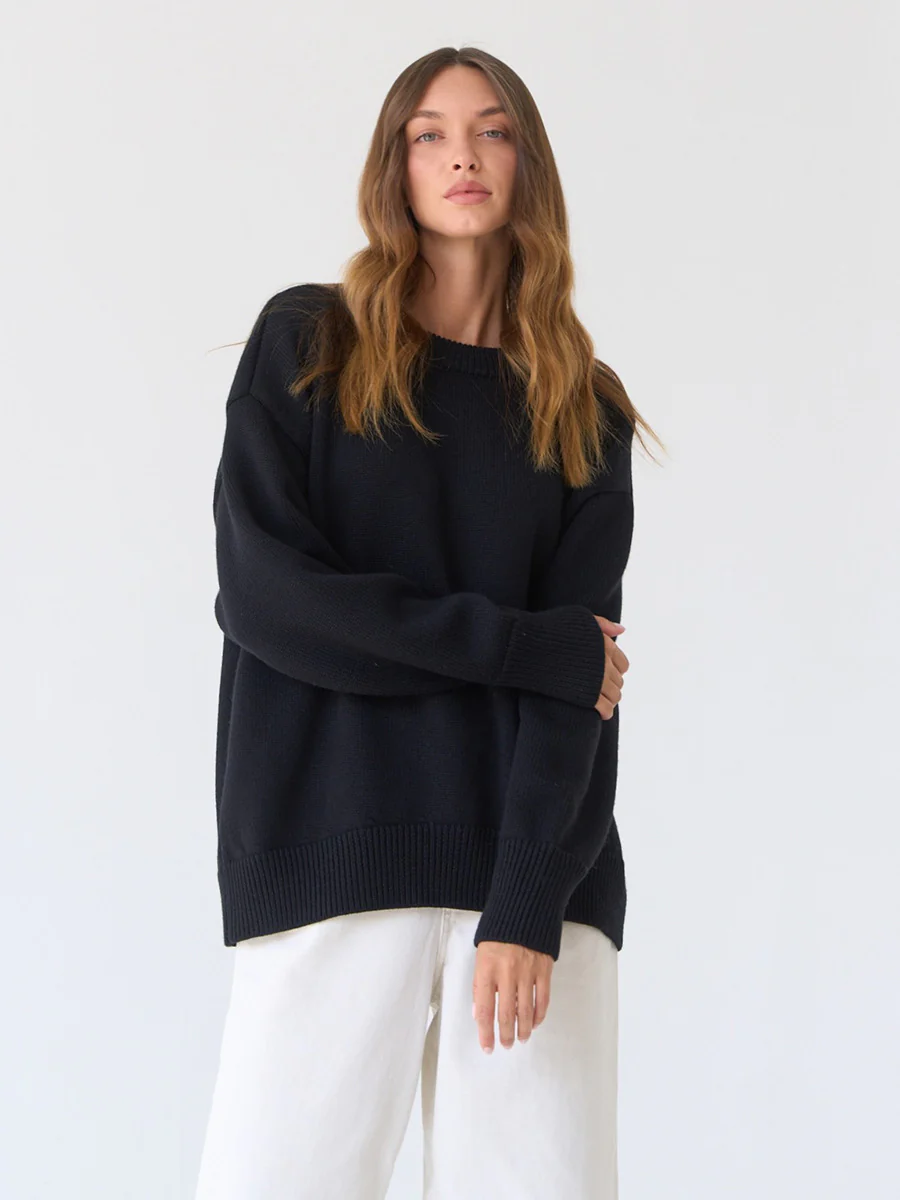 Black Relaxed High Neck Solid Sweater