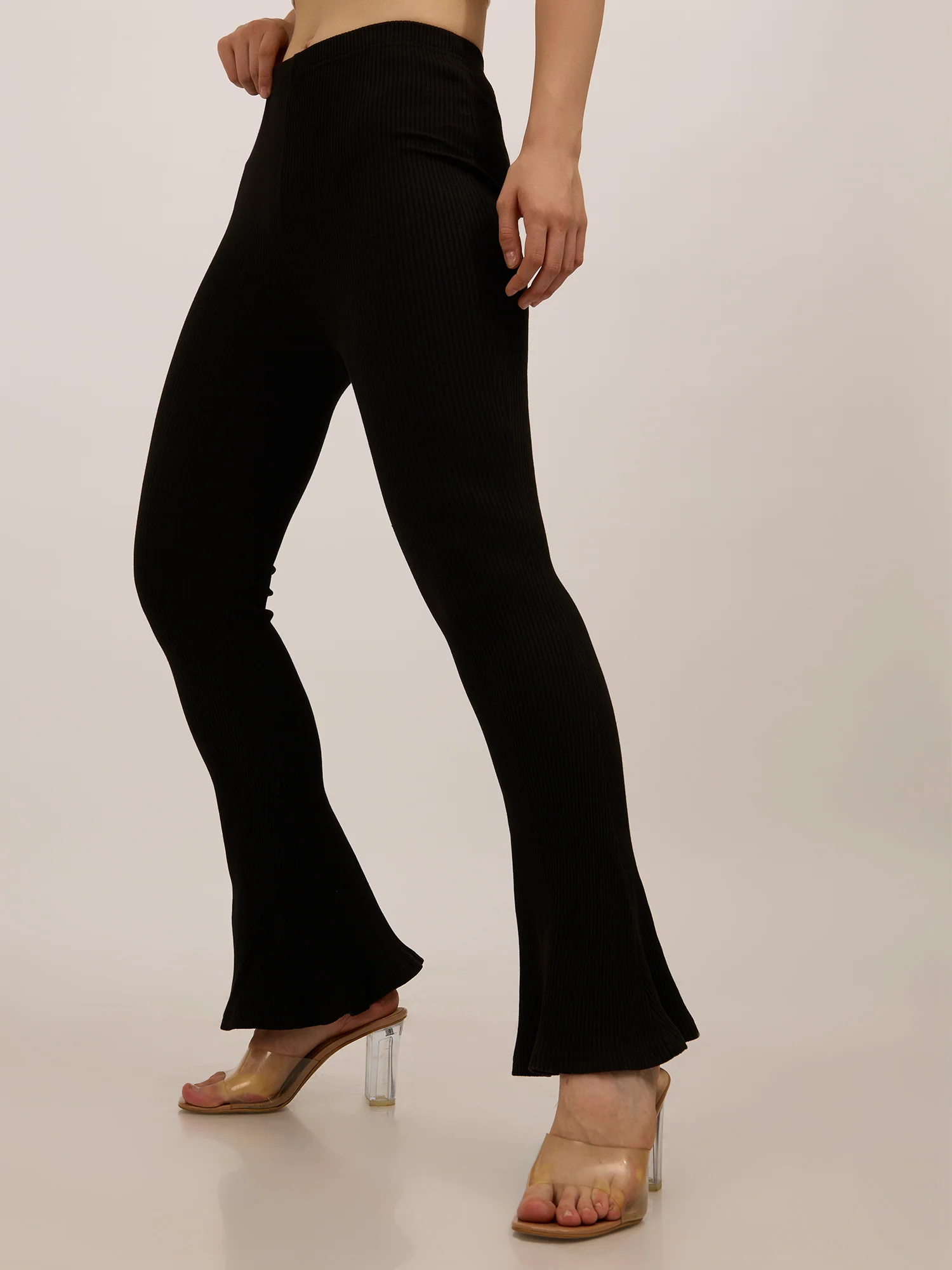 Black Ribbed Basic Flared Leggings - Image 3