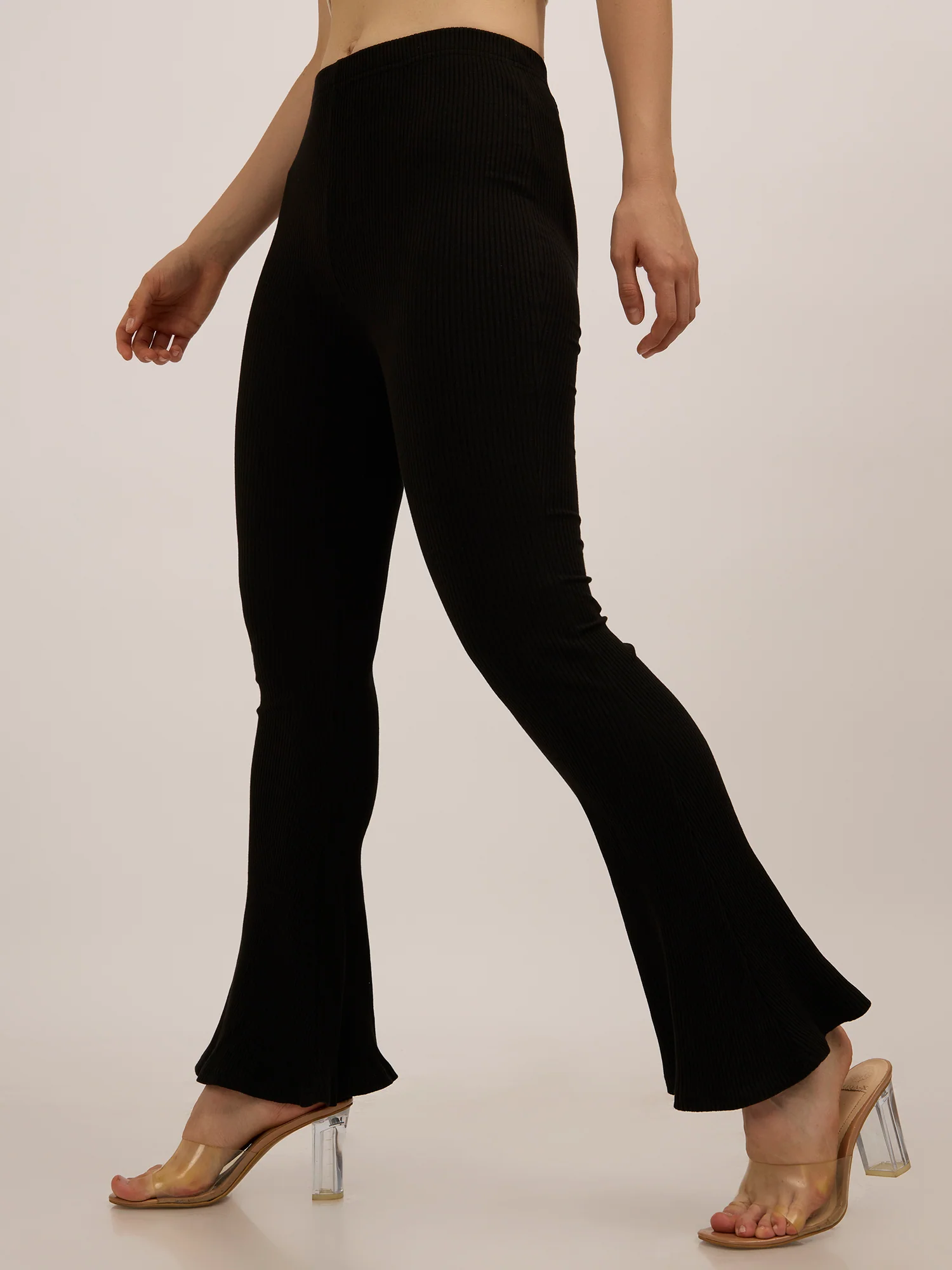 Black Ribbed Basic Flared Leggings - Image 5