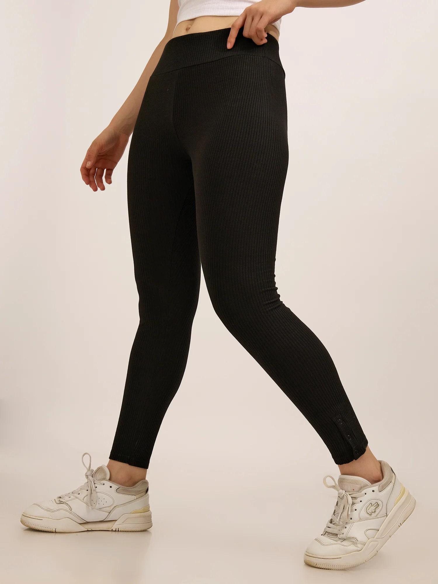 Black Ribbed Basic Solid Leggings - Image 3