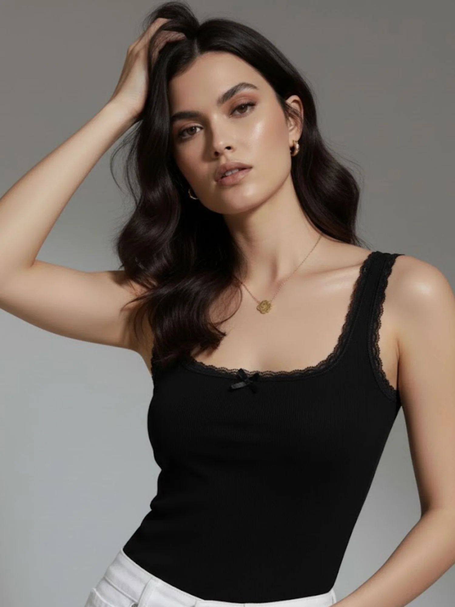 Black Ribbed Lace Trim Tank Top - Image 2