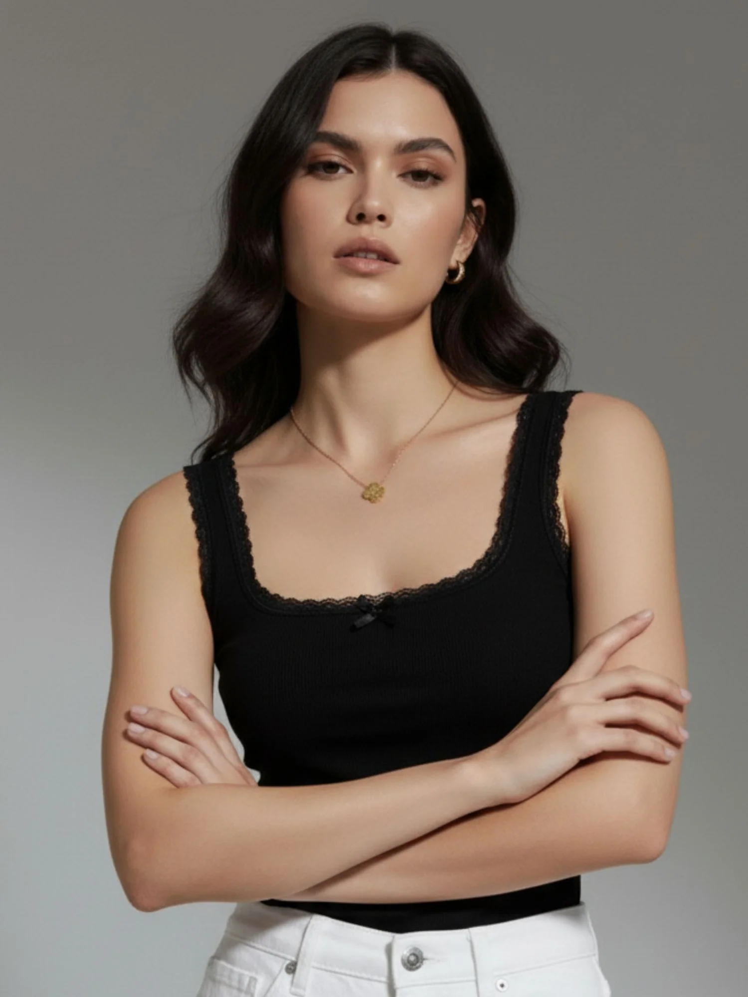 Black Ribbed Lace Trim Tank Top - Image 3