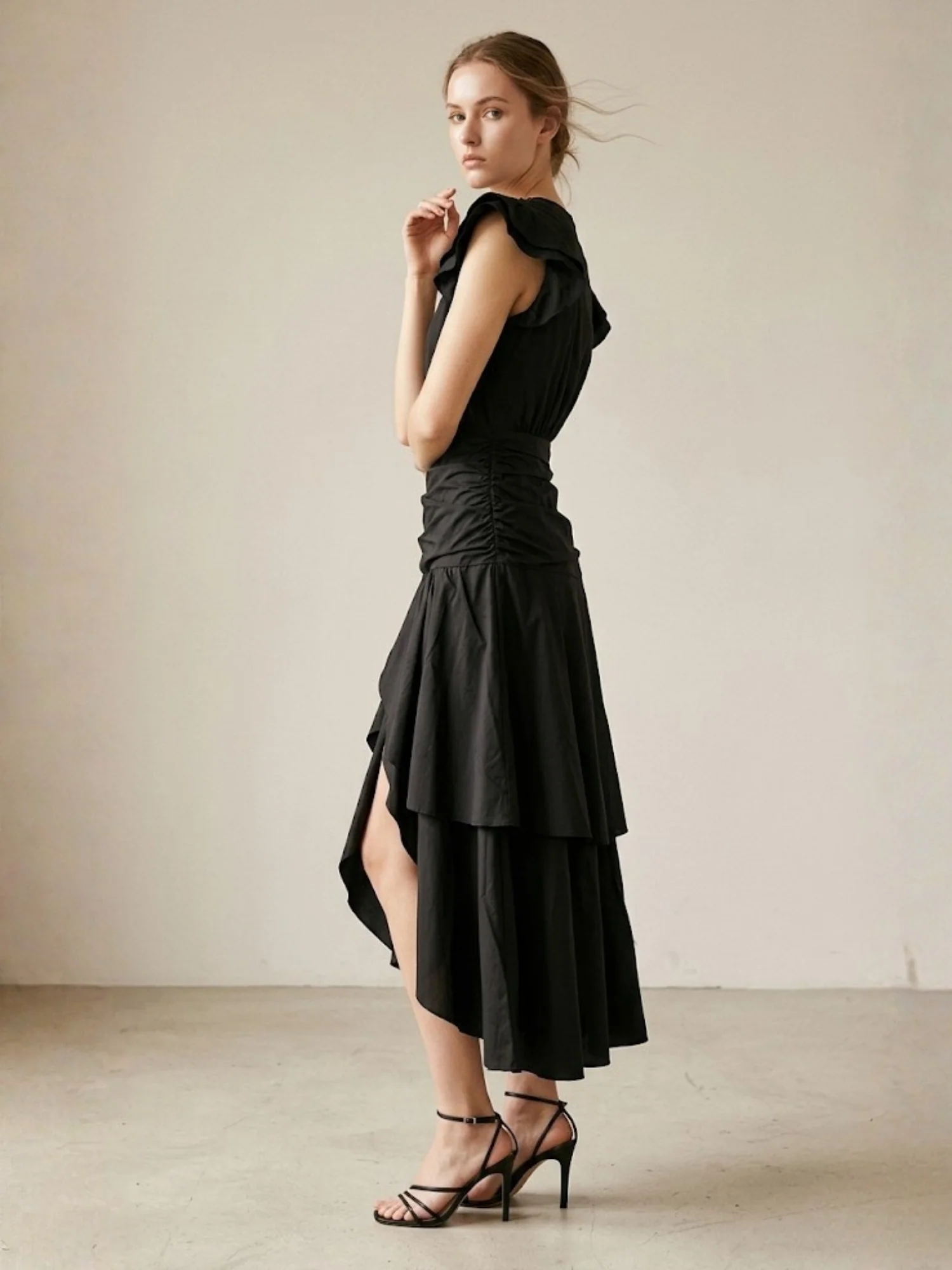 Black Ruffle Sleeve V Neck Dress - Image 2
