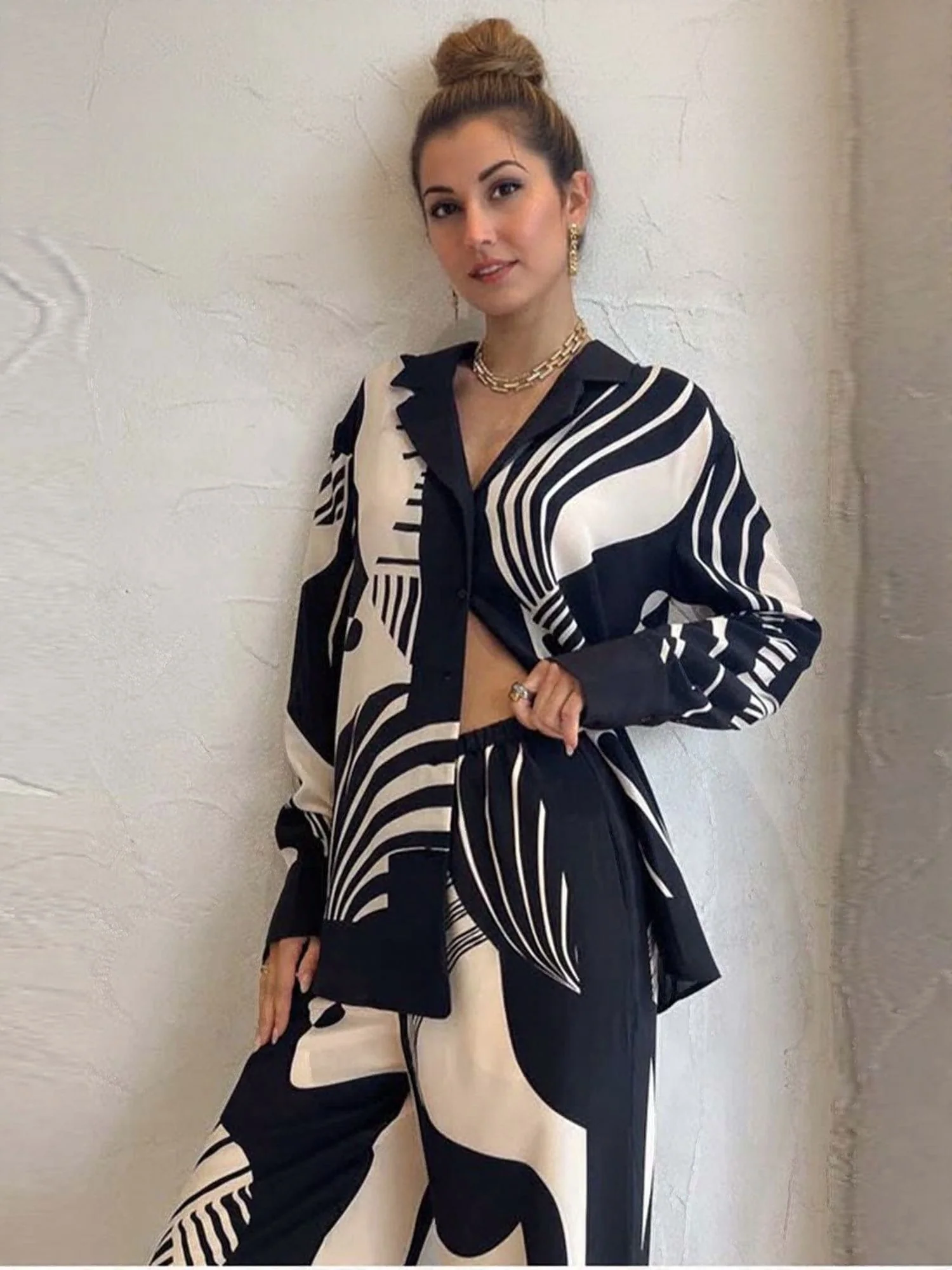 Black Satin Printed Shirt And Trouser Co-Ord Set - Image 2