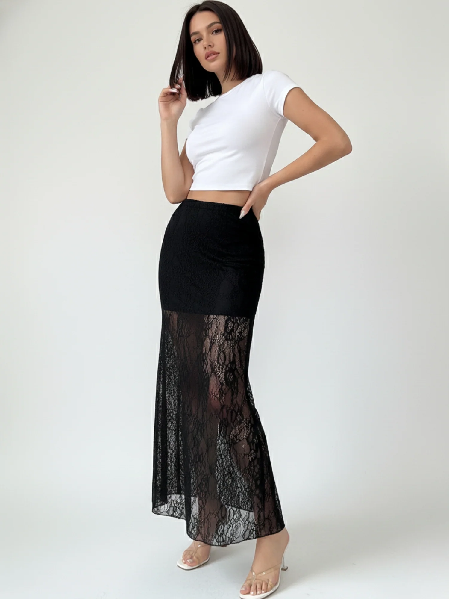 Black Sheer Lace Solid Skirt - Image 2