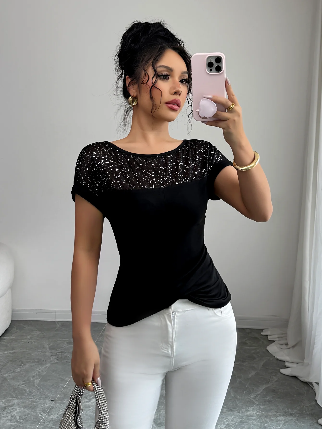 Black Sheer Neck And Sleeves Fitted Top - Image 5