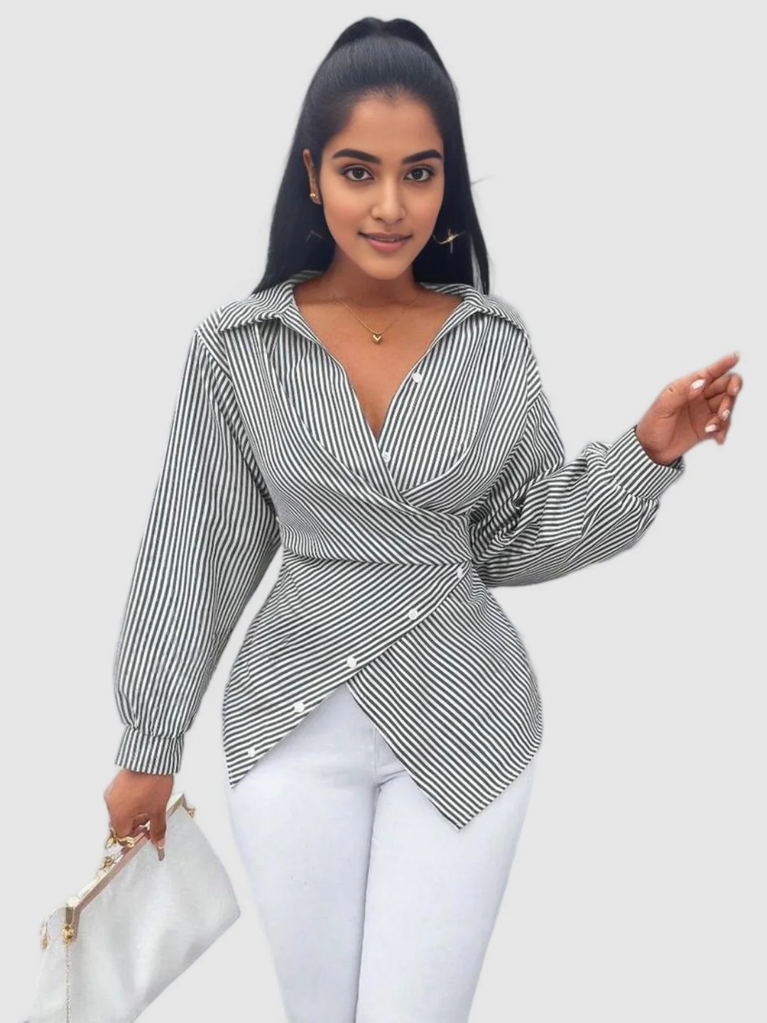 Black Striped Wrap Shirt - Image 3