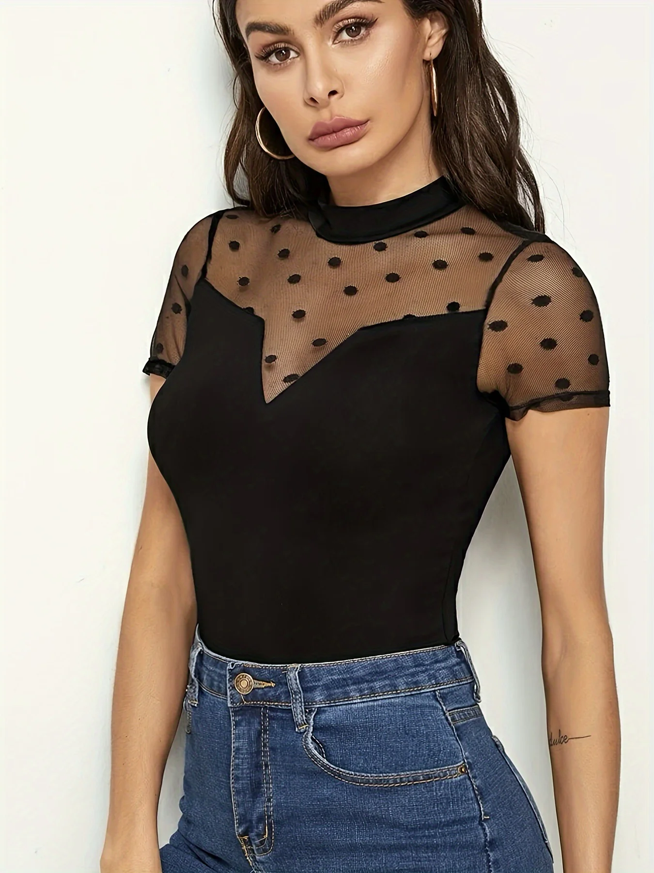 Black Short Mesh Sleeve High Neck Top - Image 2