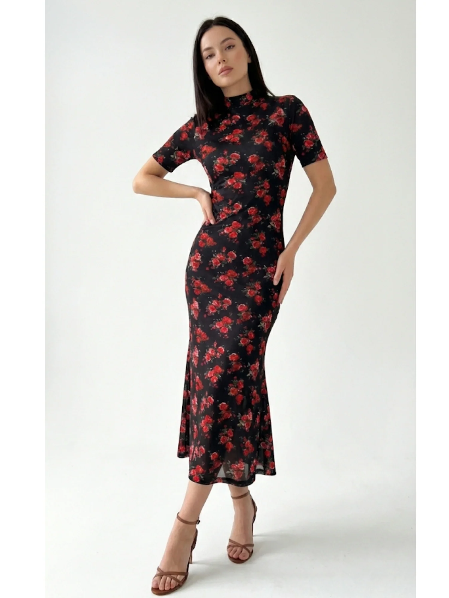 Black Short Sleeve Mock Neck Printed Dress - Image 3