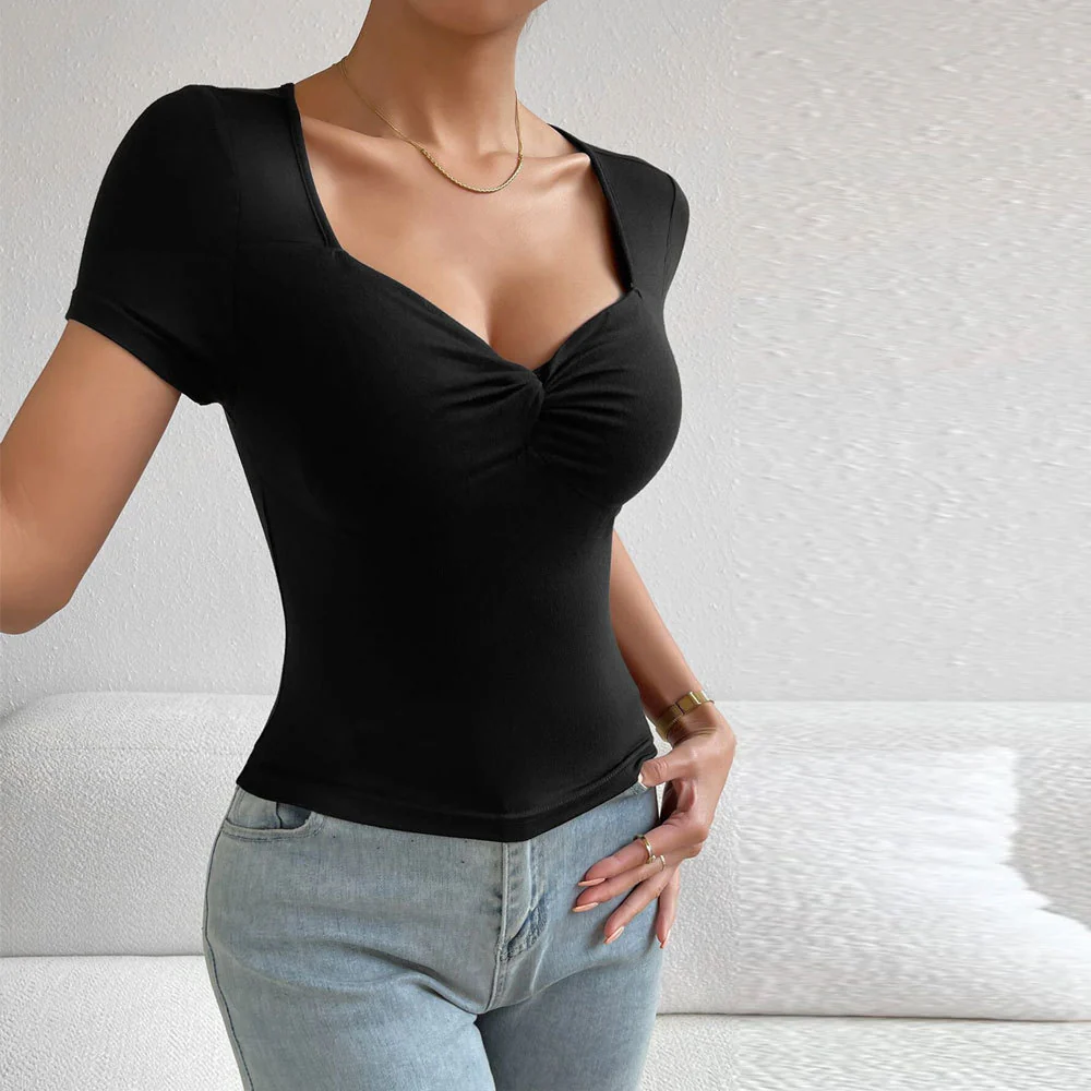 Black Short Sleeve Sweetheart Neck Top - Image 3