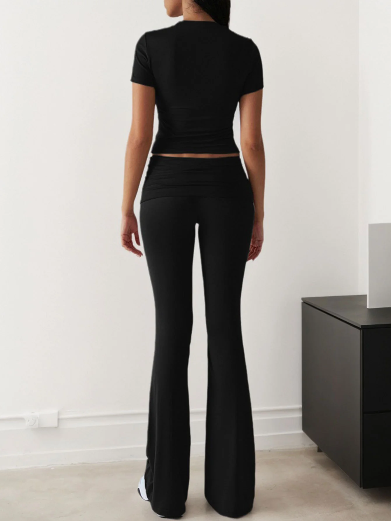 Black Short Sleeve Top & Waist Ruched Pant Set - Image 2