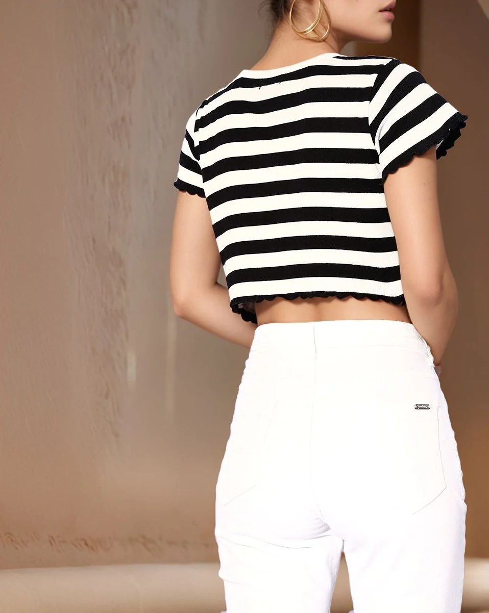 Black Short Sleeve V Neck Striped Top - Image 2