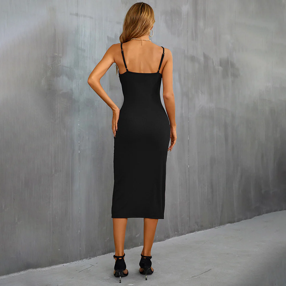 Black Shoulder Strap Front Slit Dress - Image 2