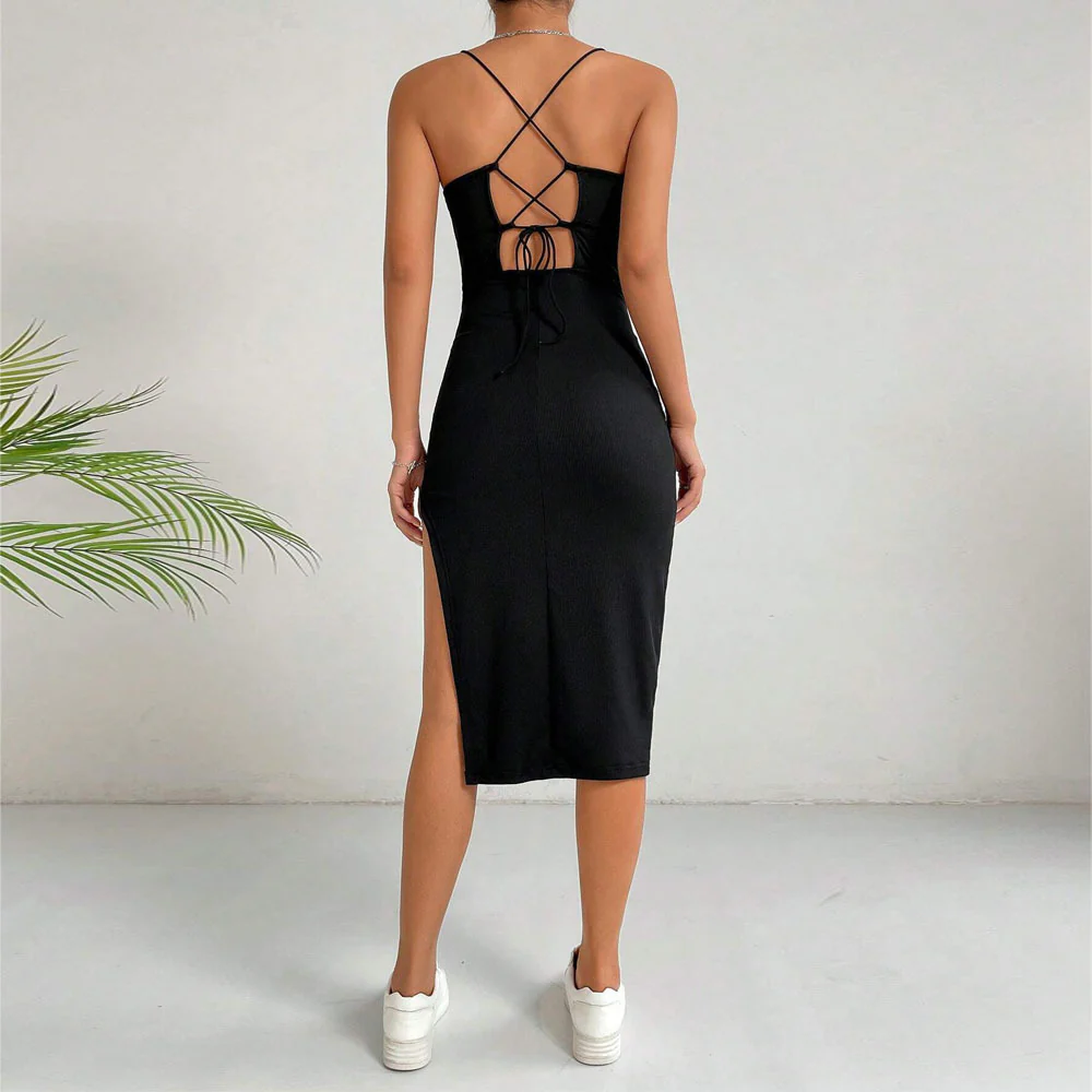 Black Shoulder Strap Side Slit Back Detail Dress - Image 2