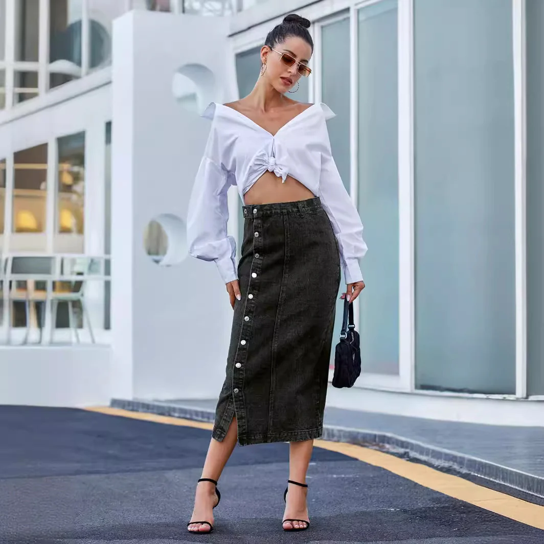 Black Side Button Down Denim Skirt