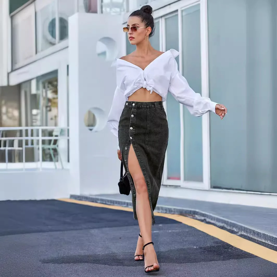 Black Side Button Down Denim Skirt - Image 2
