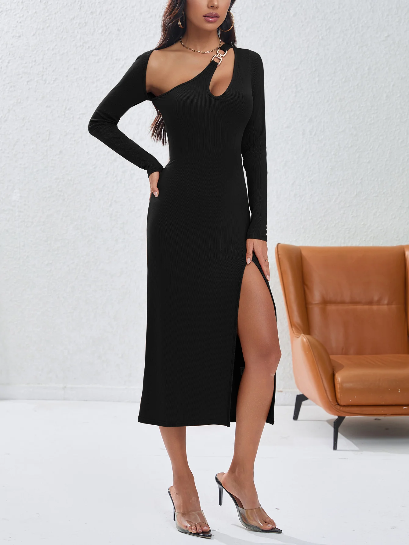 Black Side Neck Cut Out Bodycon Dress - Image 6