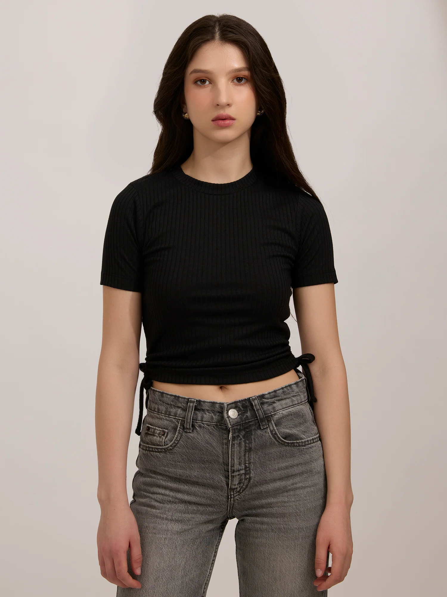 Black Side Tie Up Ruched Top - Image 3