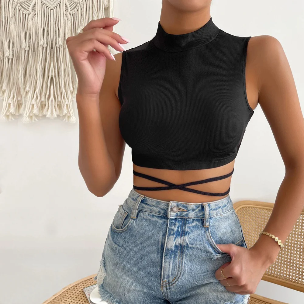 Black Sleeveless High Neck Crop Top - Image 3